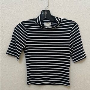 Maeve Black & White Striped Short Sleeve Mock Neck Top